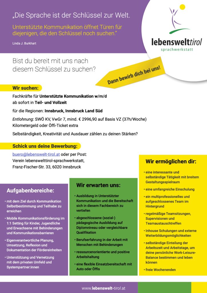 Die Daten unserer Stellenausschreibung für Innsbruck und Innsbruck-Land Süd; Teilzeit oder Vollzeit